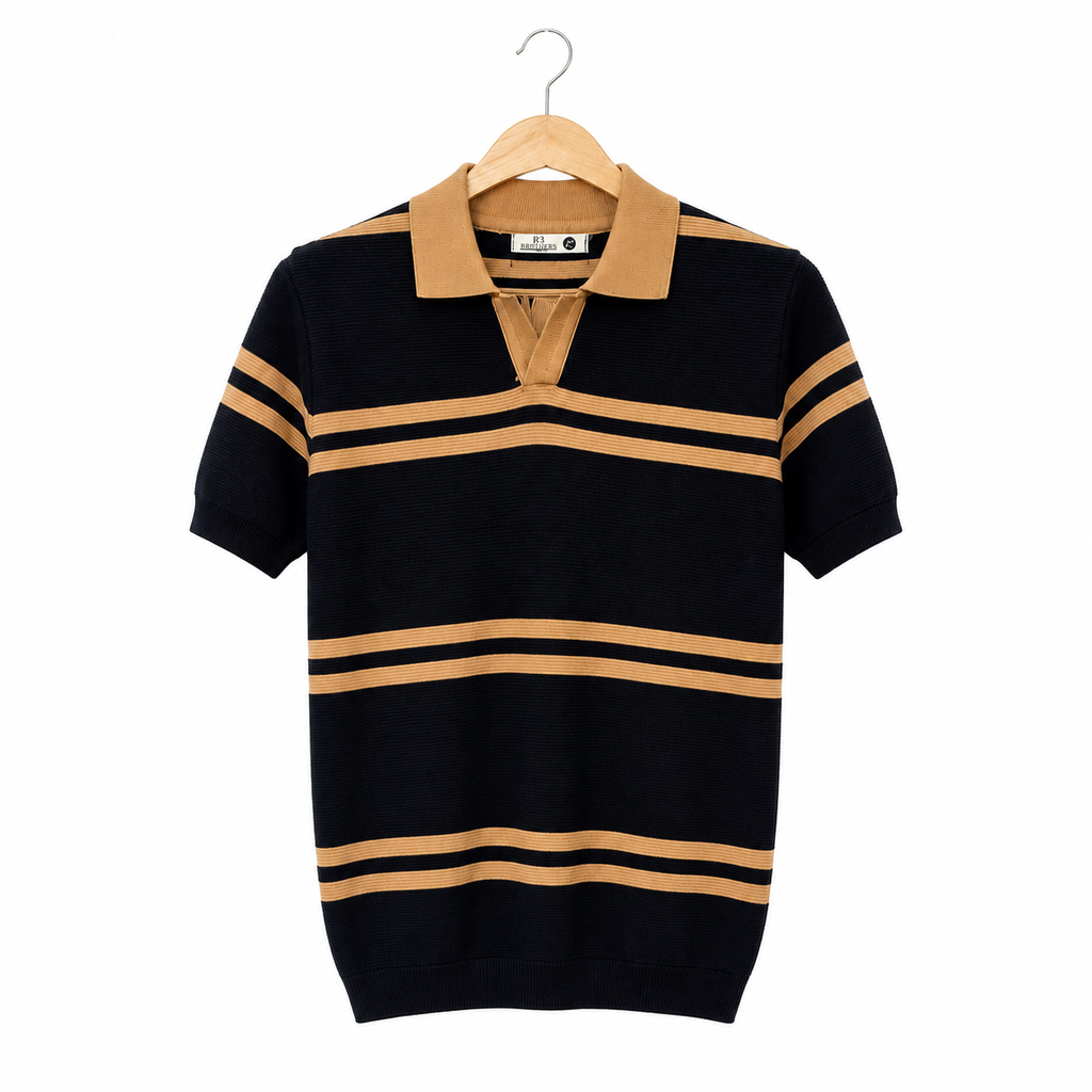 WEELZ Striped V-Neck Knit Polo - Black & Tan - view 1
