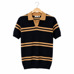 WEELZ Striped V-Neck Knit Polo - Black & Tan - view 1