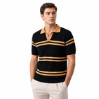 WEELZ Striped V-Neck Knit Polo - Black & Tan - view 2