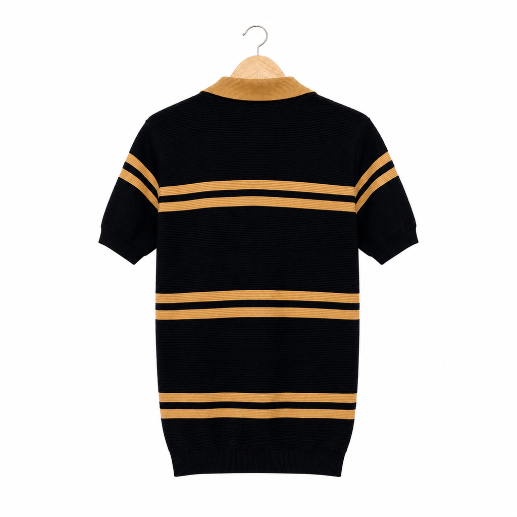 WEELZ Striped V-Neck Knit Polo - Black & Tan - view 3