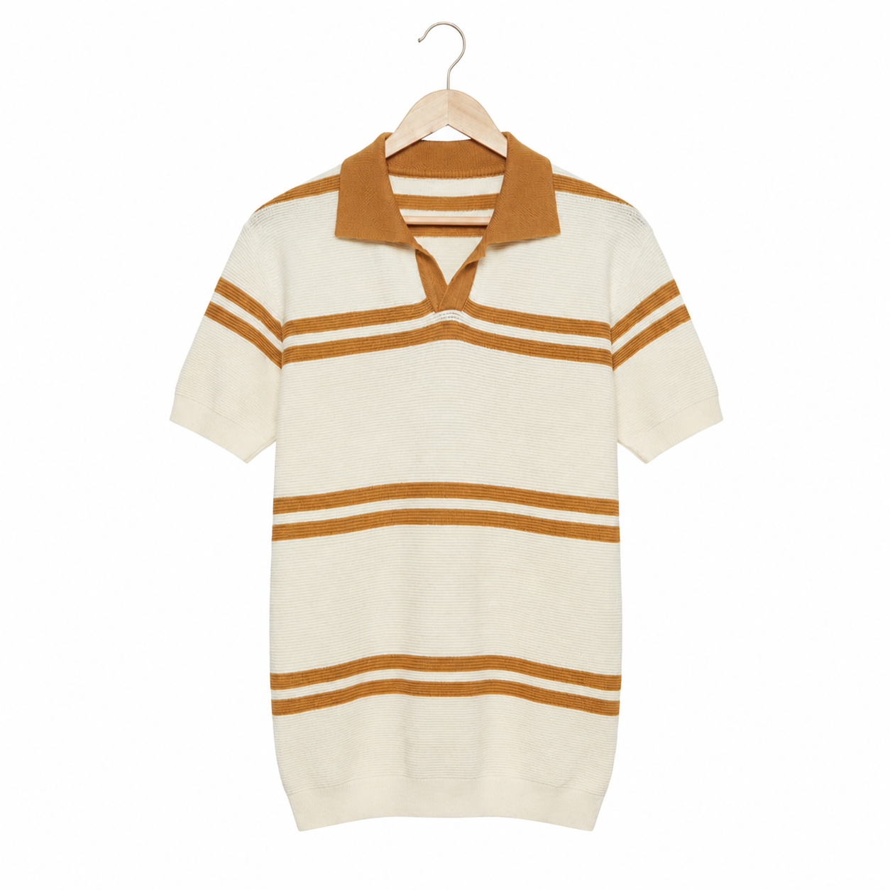 WEELZ Striped V-Neck Knit Polo - Cream & Tan - view 1