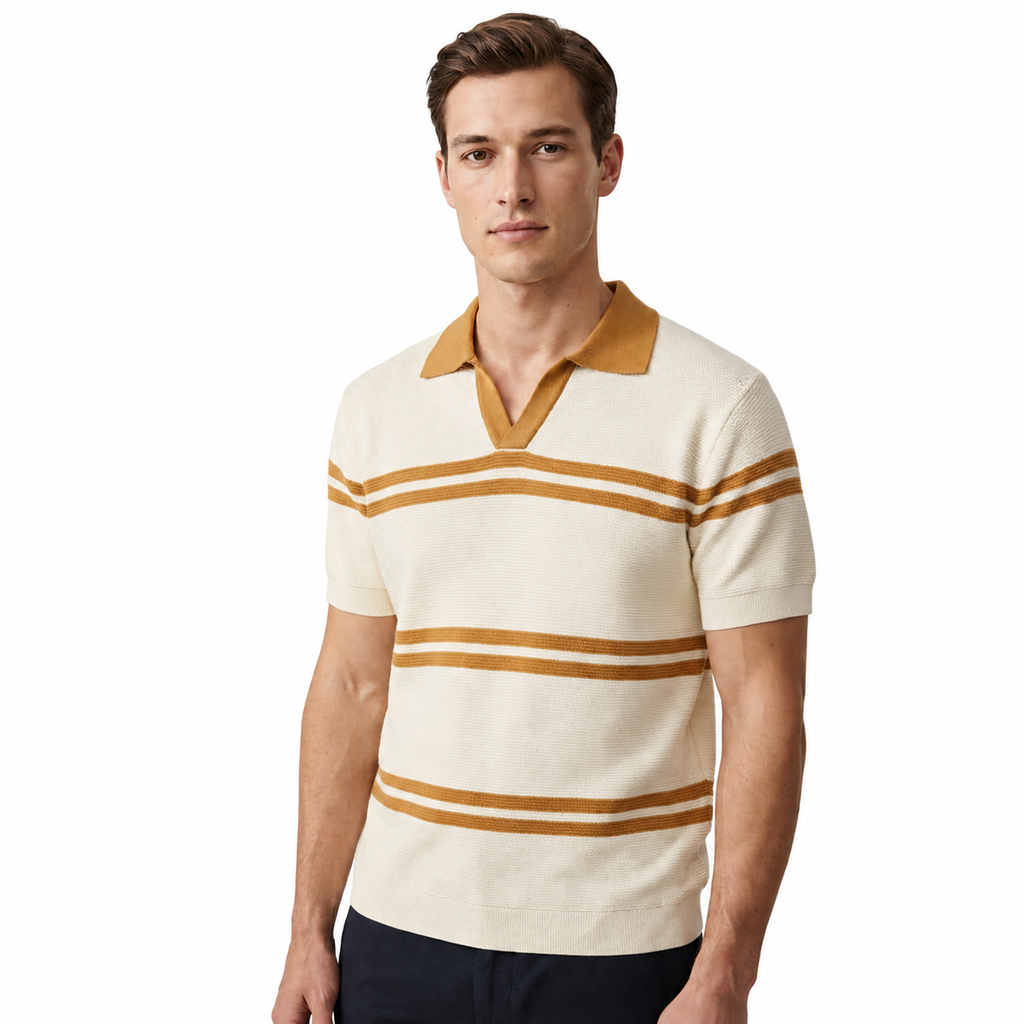 WEELZ Striped V-Neck Knit Polo - Cream & Tan - view 2