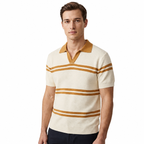 WEELZ Striped V-Neck Knit Polo - Cream & Tan - view 2
