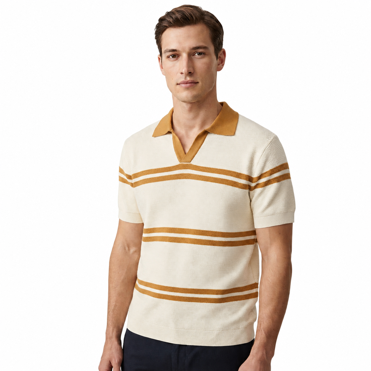 WEELZ Striped V-Neck Knit Polo - Cream & Tan - view 2