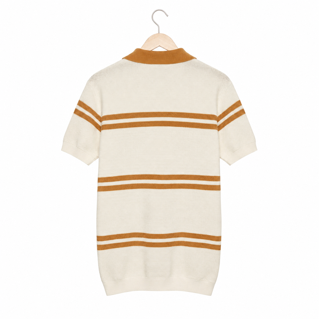 WEELZ Striped V-Neck Knit Polo - Cream & Tan - view 3