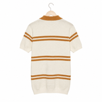 WEELZ Striped V-Neck Knit Polo - Cream & Tan - view 3