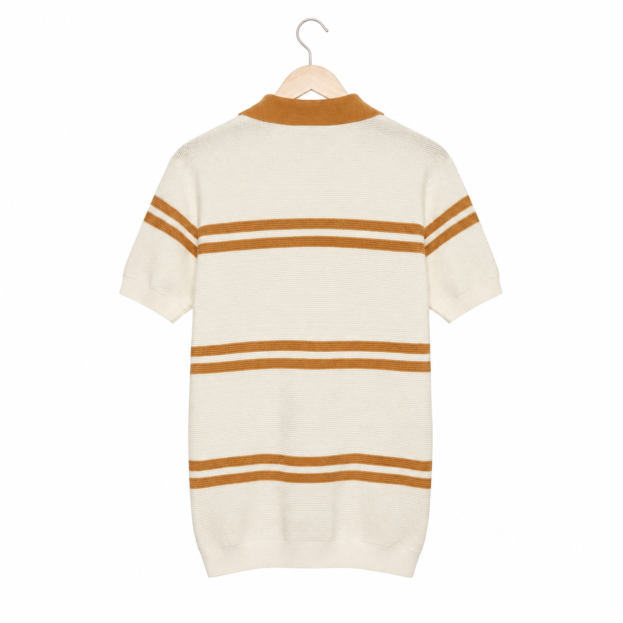WEELZ Striped V-Neck Knit Polo - Cream & Tan - view 3