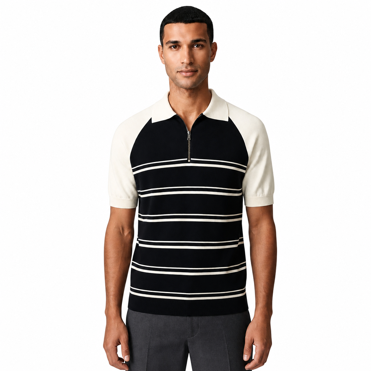 WEELZ Raglan Stripe Zip Knit Polo - Black & White - view 3