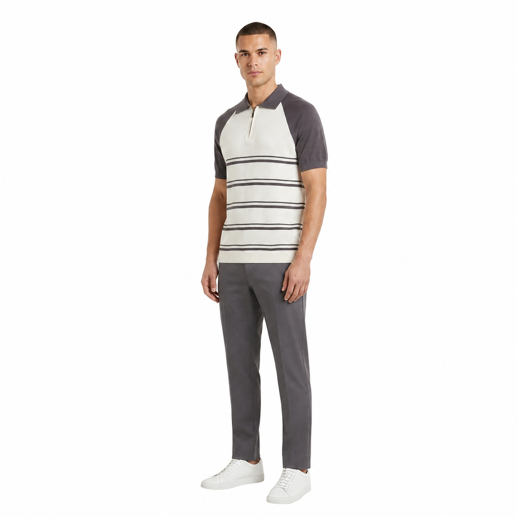 WEELZ Raglan Stripe Zip Knit Polo - Grey & Off-White - view 3
