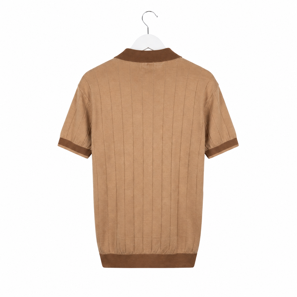 WEELZ Contrast-Trim Ribbed Zip Knit Polo - Camel & Brown - view 2