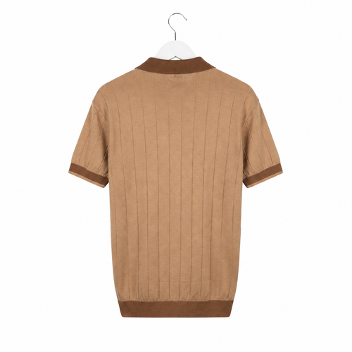 WEELZ Contrast-Trim Ribbed Zip Knit Polo - Camel & Brown - view 2