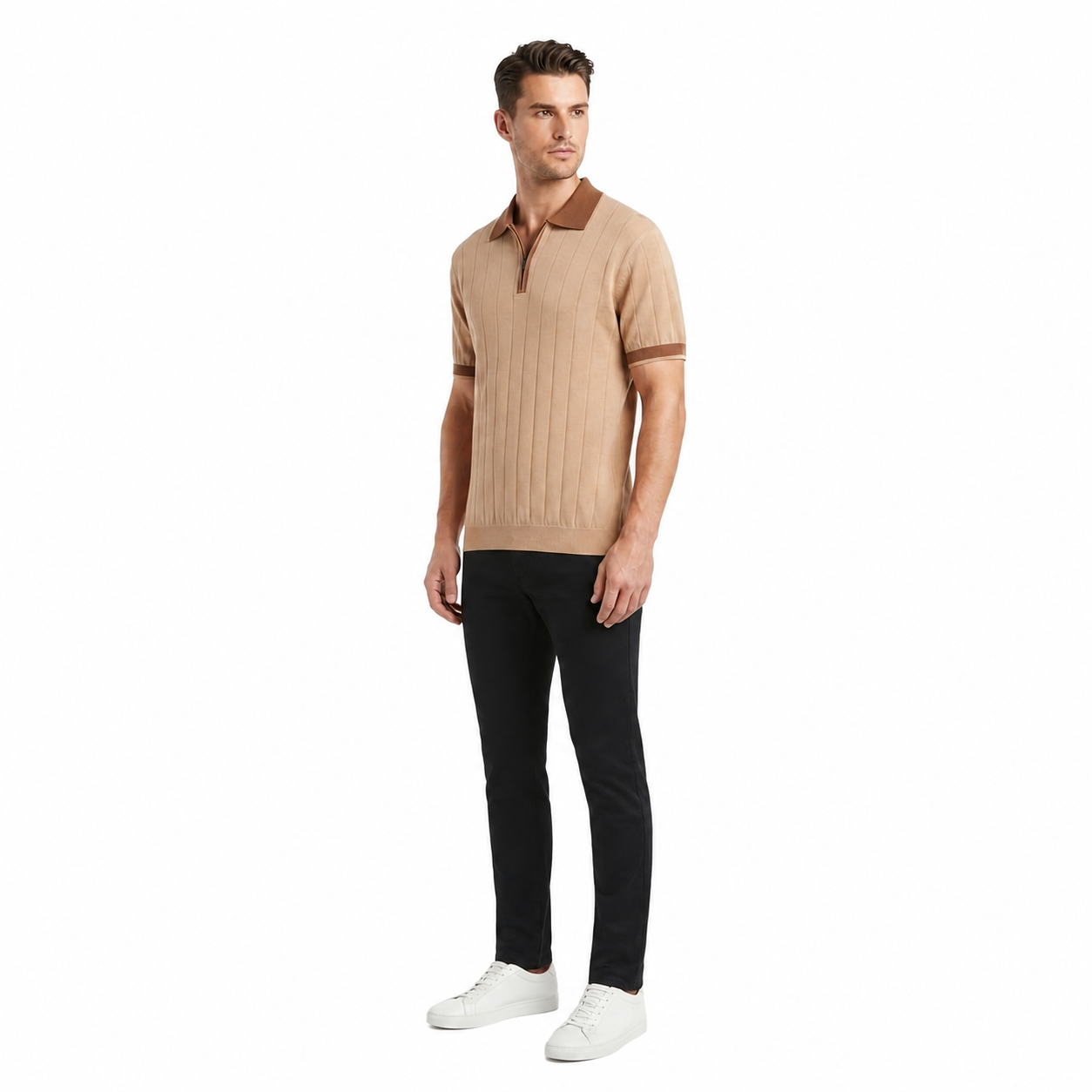 WEELZ Contrast-Trim Ribbed Zip Knit Polo - Camel & Brown - view 3