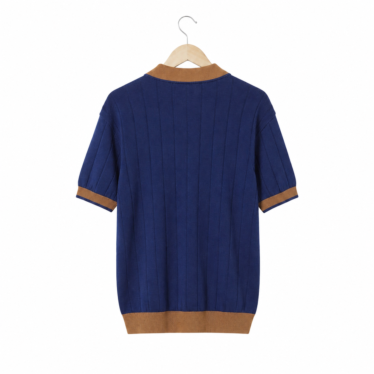 WEELZ Contrast-Trim Ribbed Zip Knit Polo - Navy & Brown - view 2