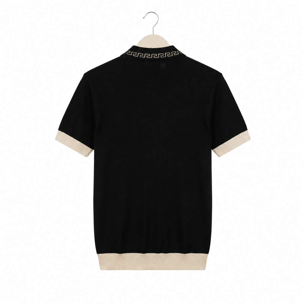 WEELZ Geometric-Collar Zip Knit Polo â€” Black - Black & Cream - view 1