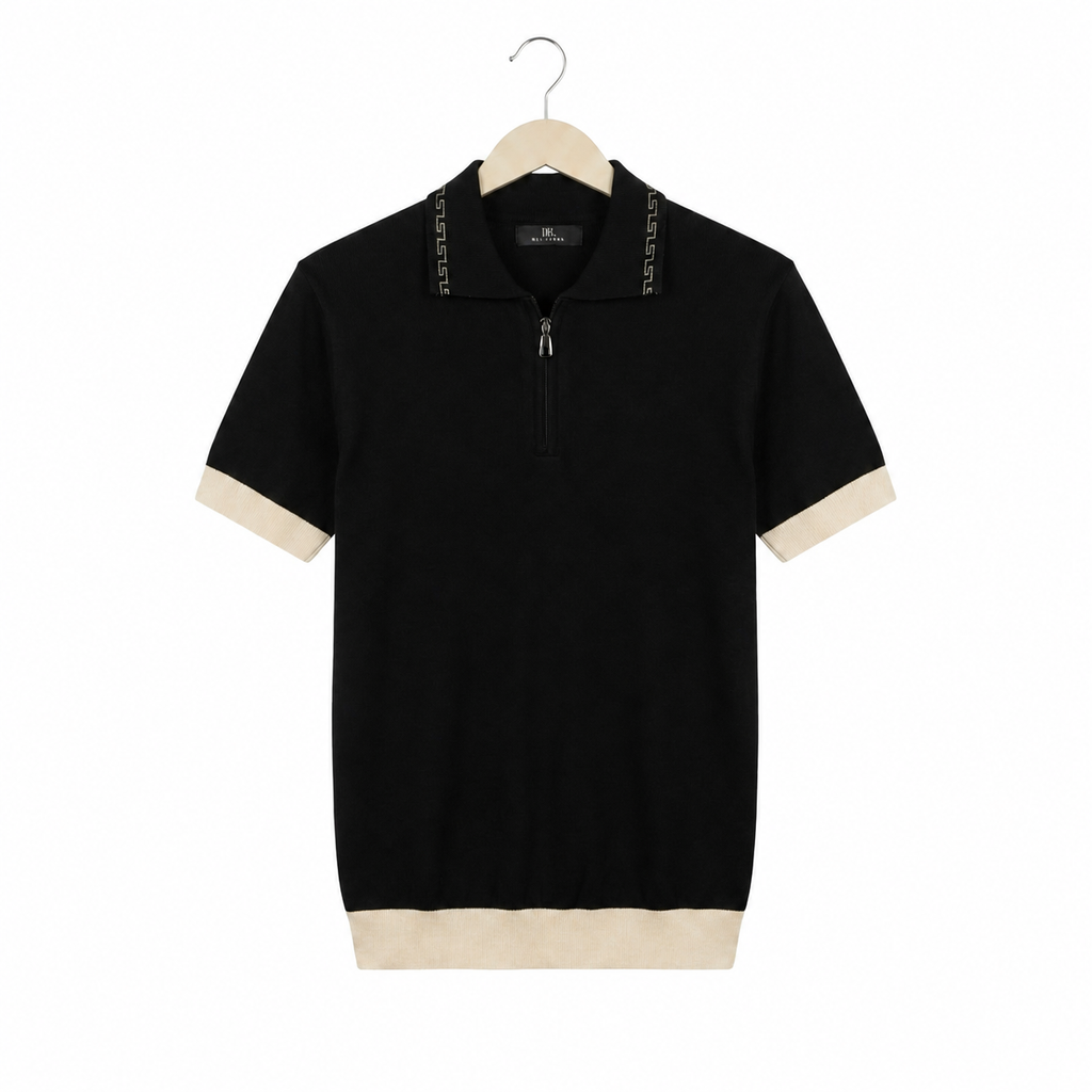 WEELZ Geometric-Collar Zip Knit Polo â€” Black - Black & Cream - view 3