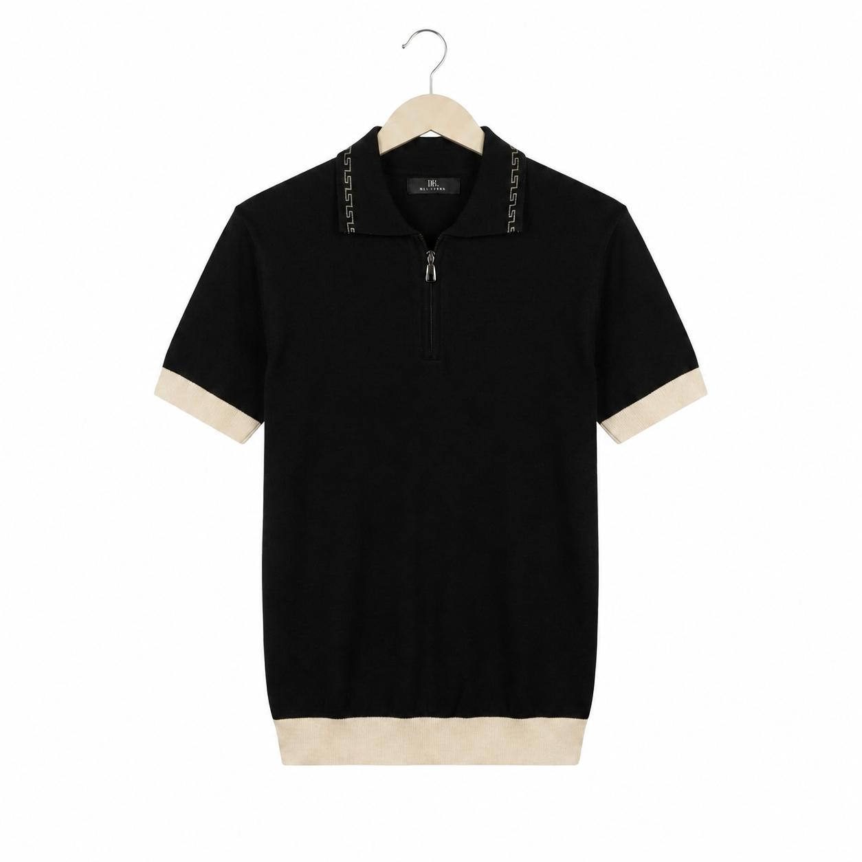 WEELZ Geometric-Collar Zip Knit Polo â€” Black - Black & Cream - view 3