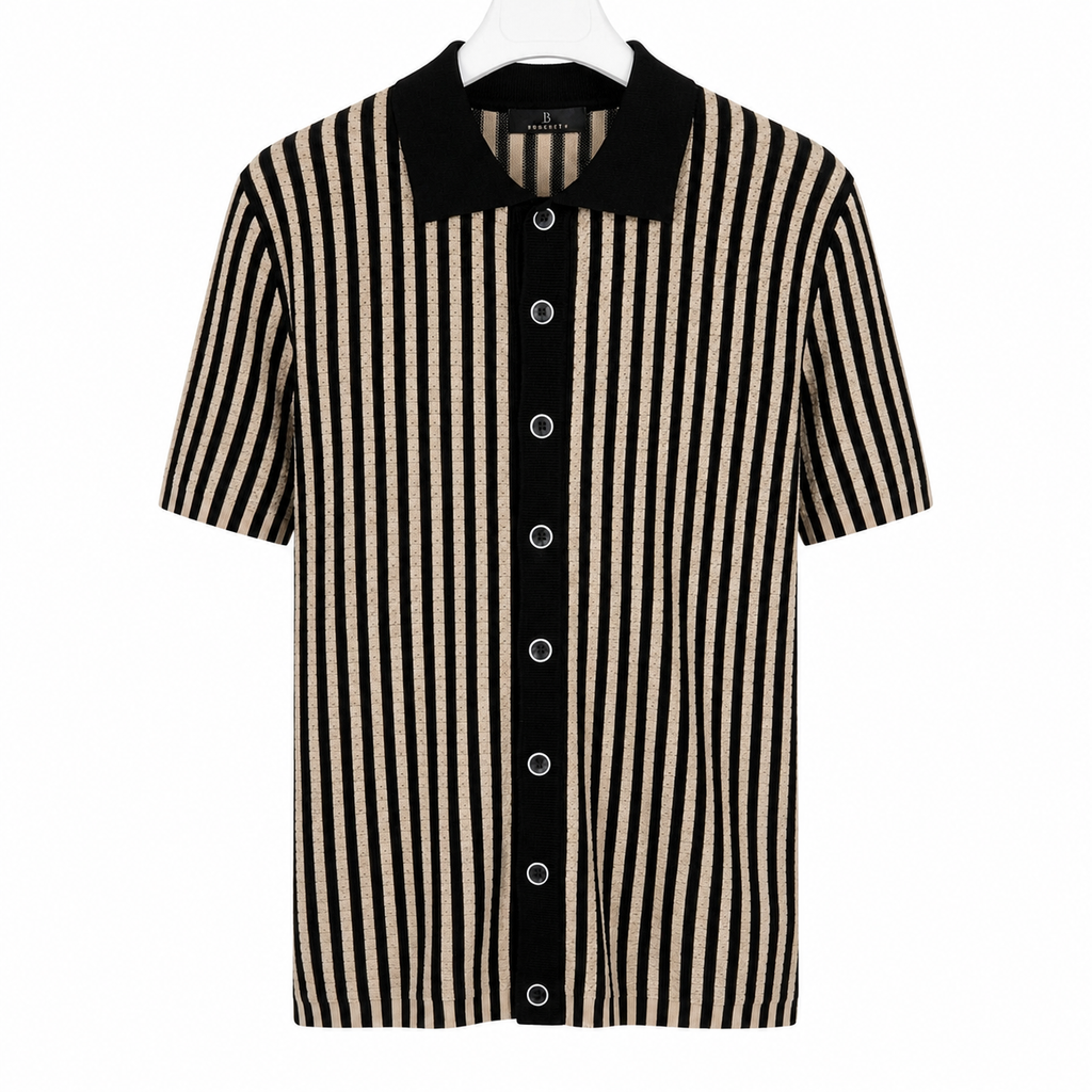 WEELZ Striped Button-Through Knit Shirt - Black & Tan - view 1