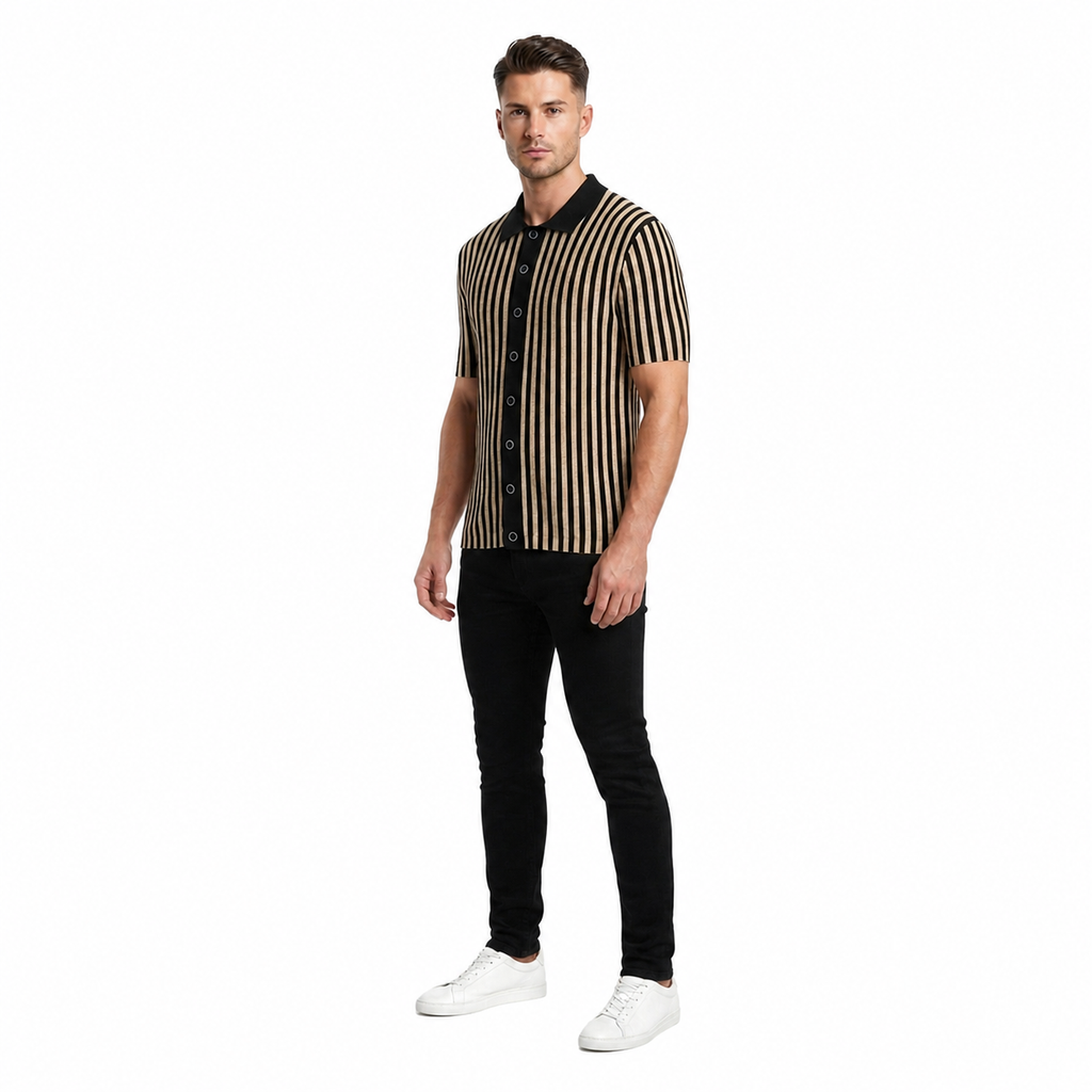 WEELZ Striped Button-Through Knit Shirt - Black & Tan - view 2