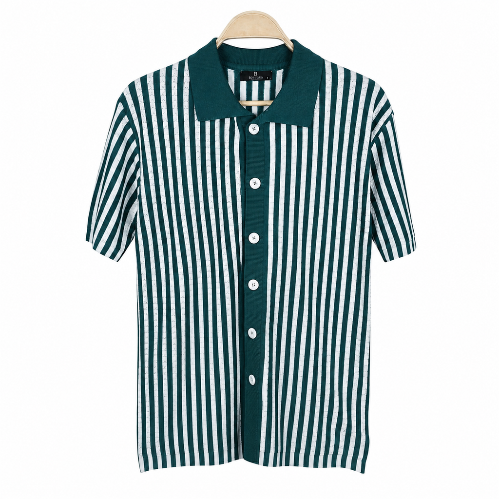 WEELZ Striped Button-Through Knit Shirt - Teal & White - view 2