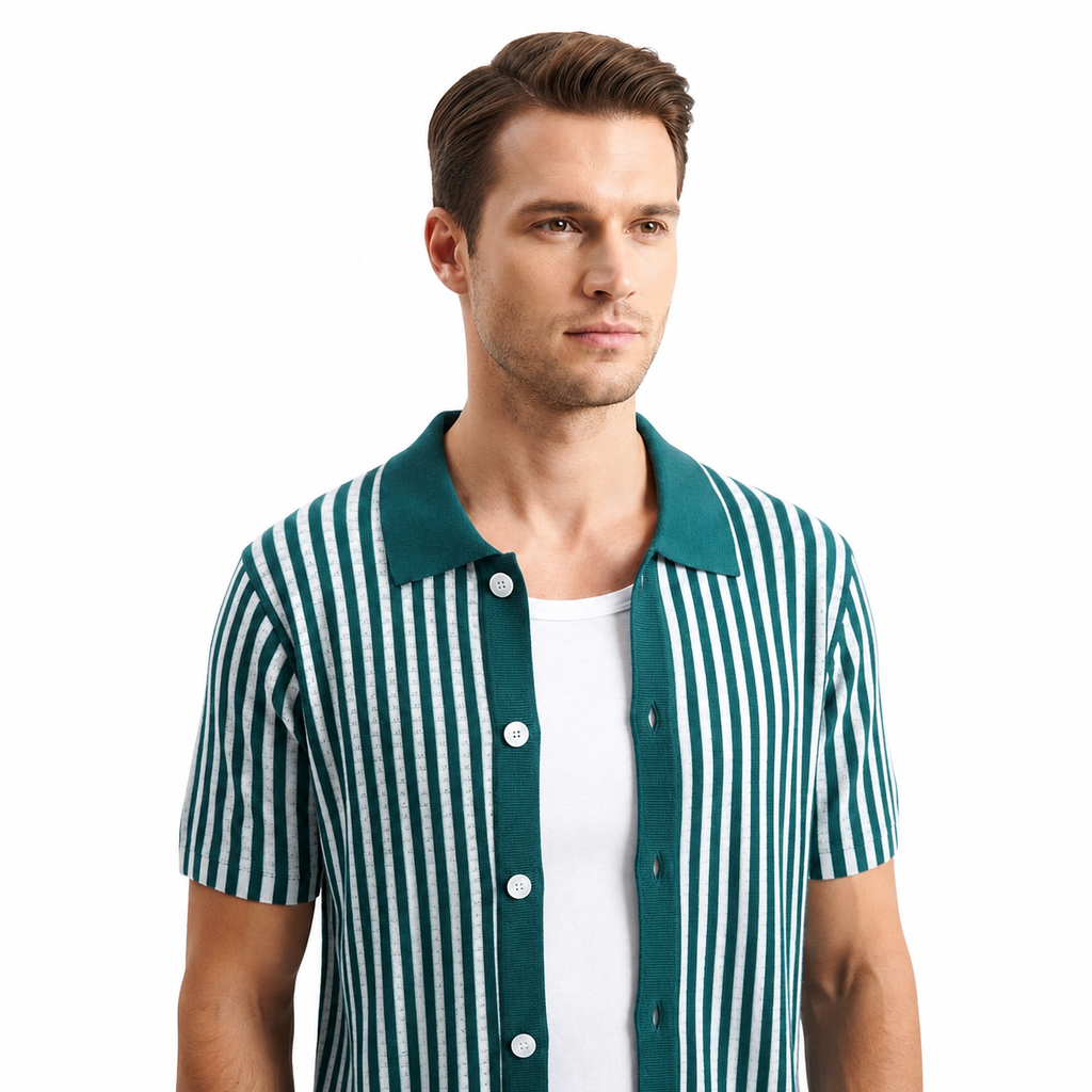 WEELZ Striped Button-Through Knit Shirt - Teal & White - view 3
