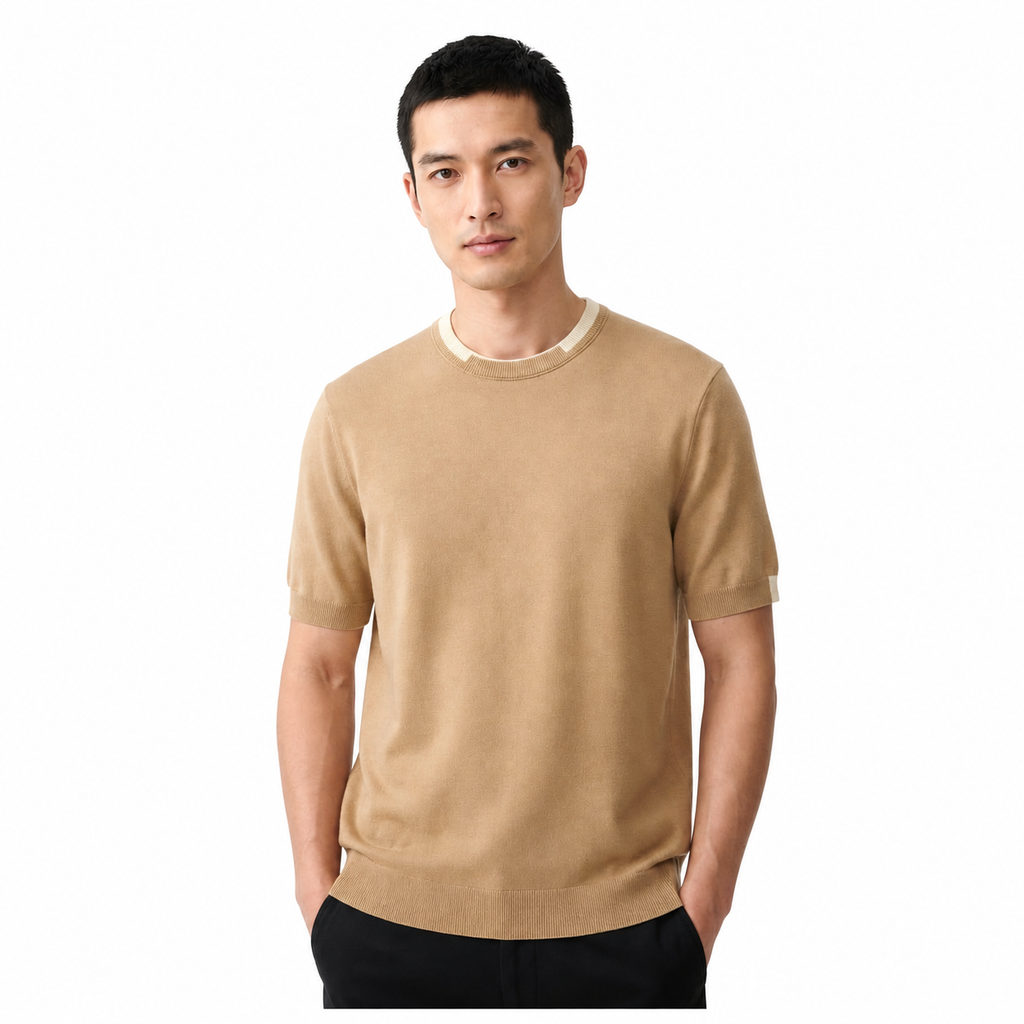 WEELZ Contrast-Trim Crew Neck Knit T-Shirt - Beige - view 3