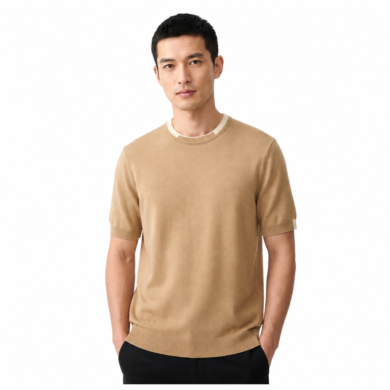WEELZ Contrast-Trim Crew Neck Knit T-Shirt - Beige - view 3
