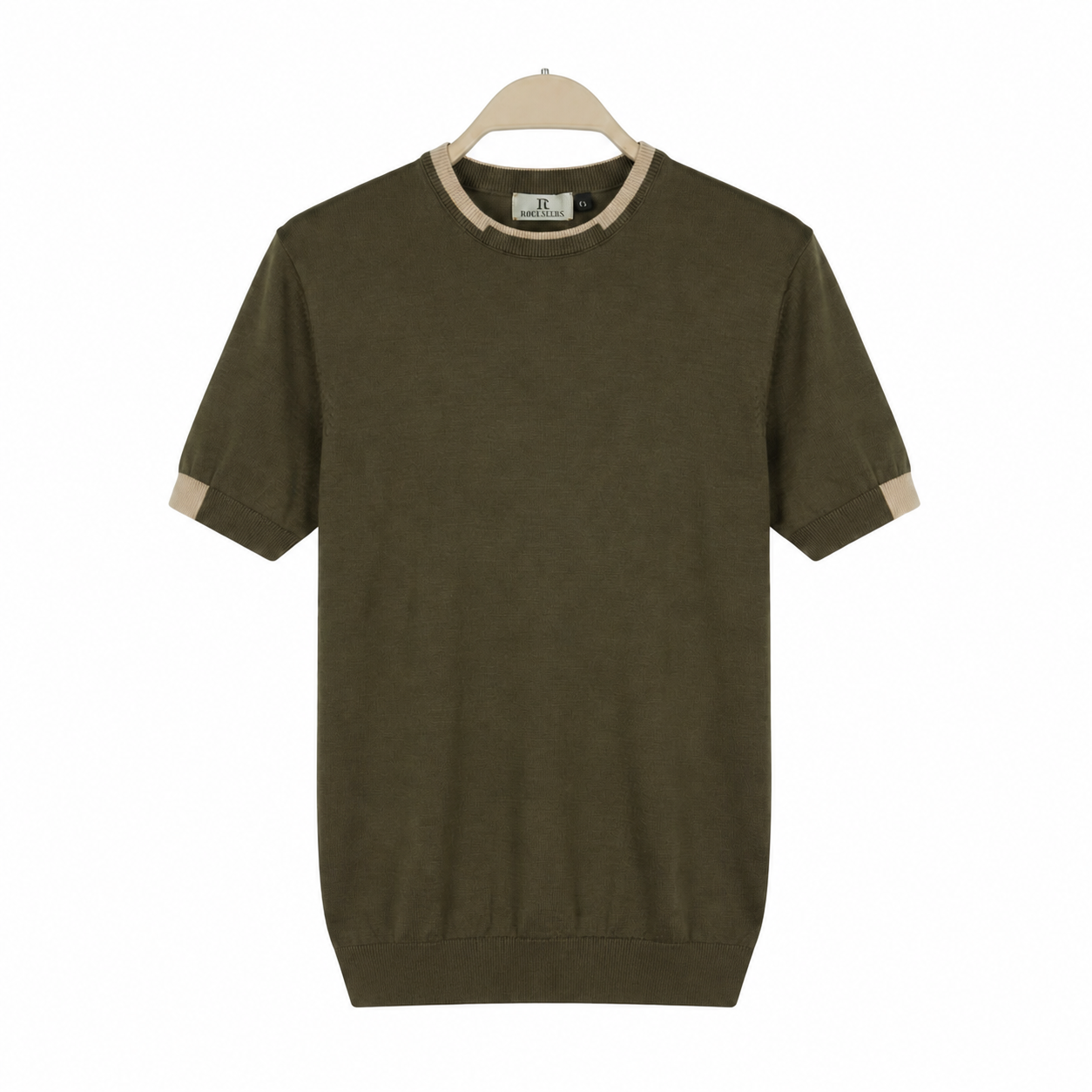 WEELZ Contrast-Trim Crew Neck Knit T-Shirt - Olive - view 1
