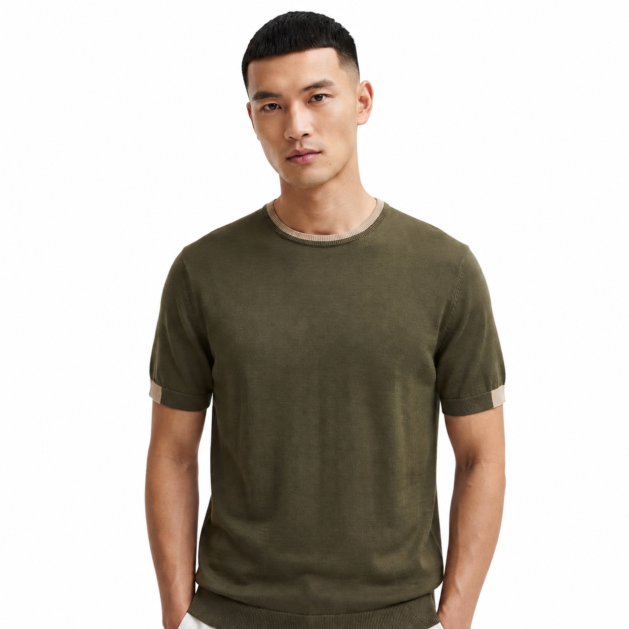 WEELZ Contrast-Trim Crew Neck Knit T-Shirt - Olive - view 2