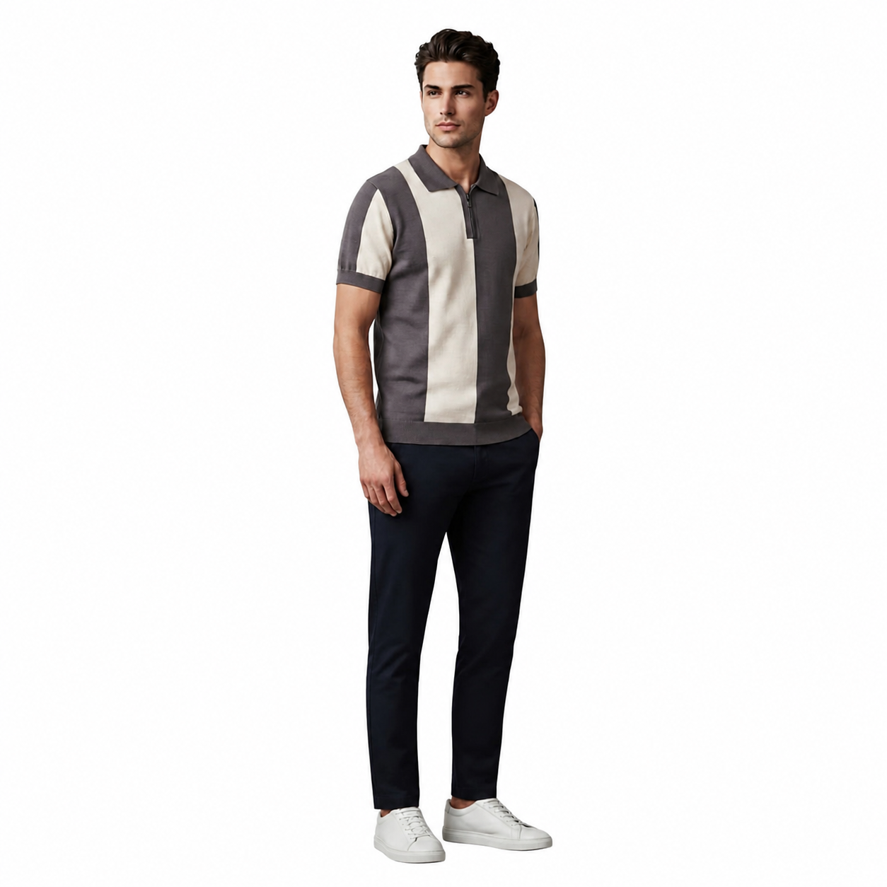 WEELZ Vertical Color-Block Knit Polo - Grey & Cream - view 2