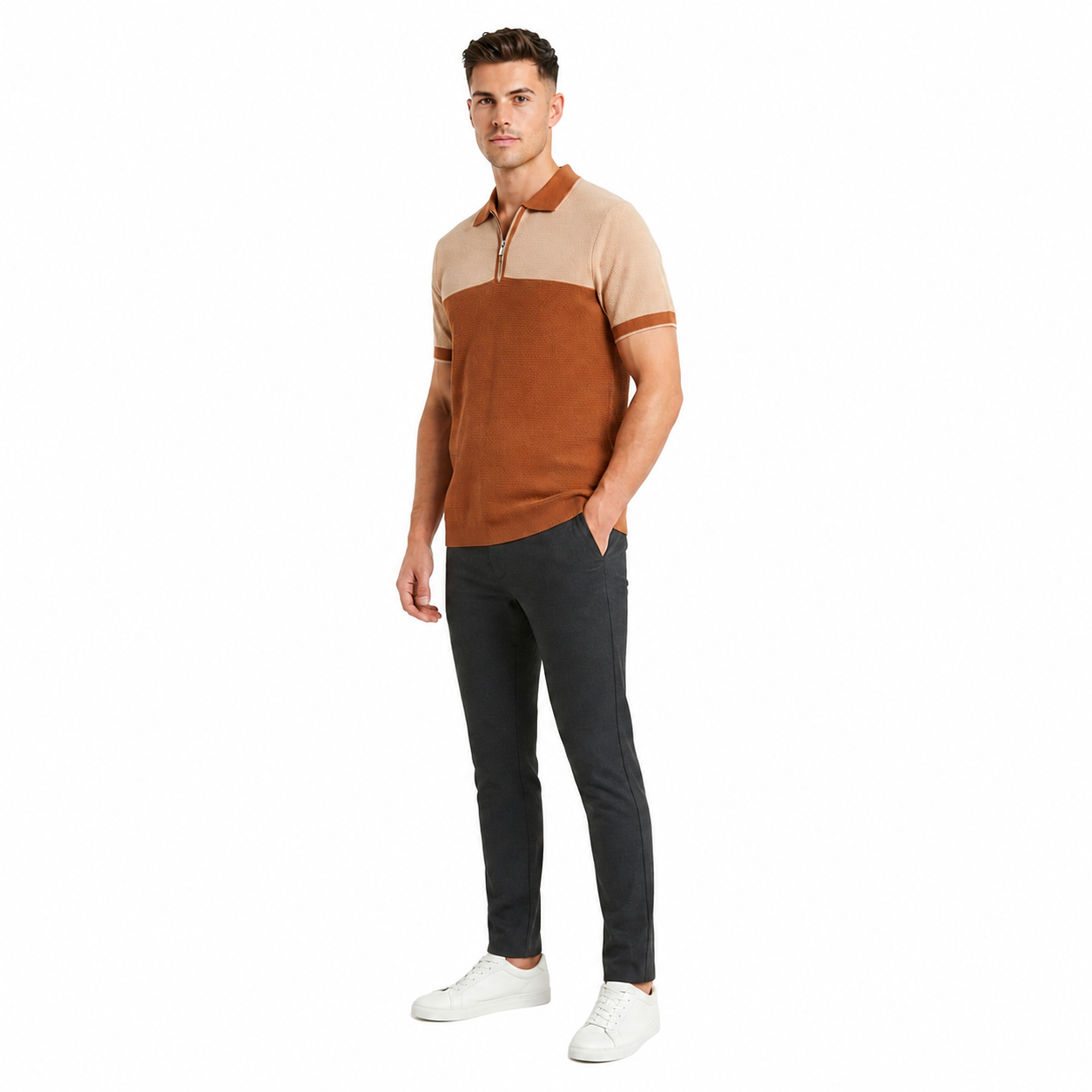 WEELZ Two-Tone Zip Knit Polo â€” Rust & Beige - Rust & Beige - view 3