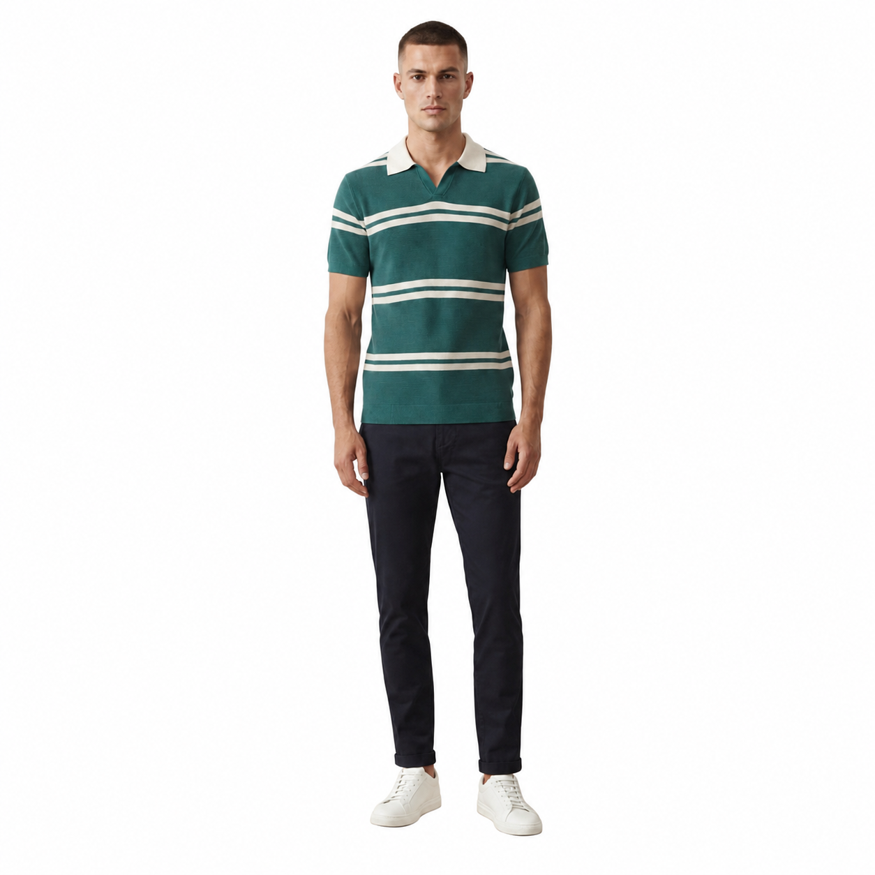 WEELZ Horizontal Stripe Open-Collar Knit Polo - Teal & Cream - view 3