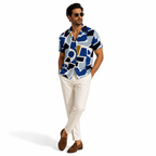 WEELZ Geometric Linen-Blend Hawaii Shirt — Blue styled model view
