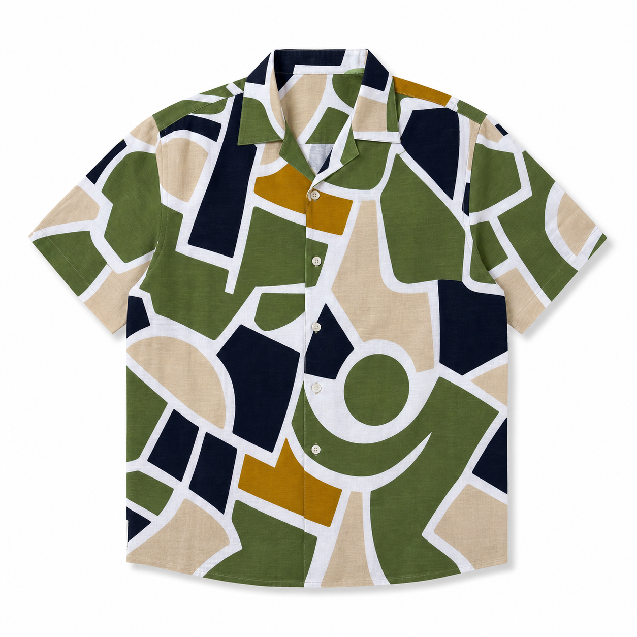WEELZ Geometric Linen-Blend Hawaii Shirt — White & Green product view