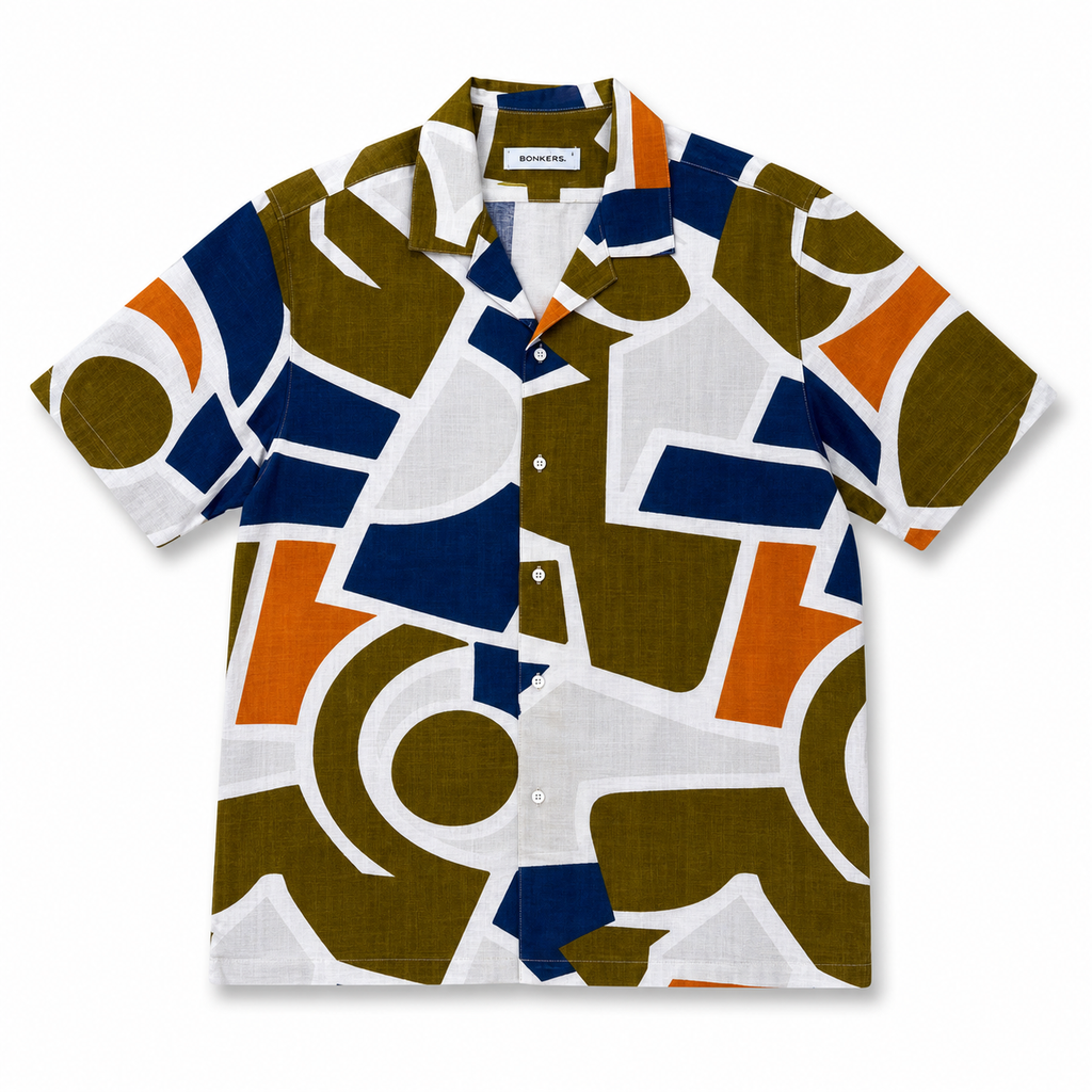 WEELZ Geometric Linen-Blend Hawaii Shirt — White & Olive product view