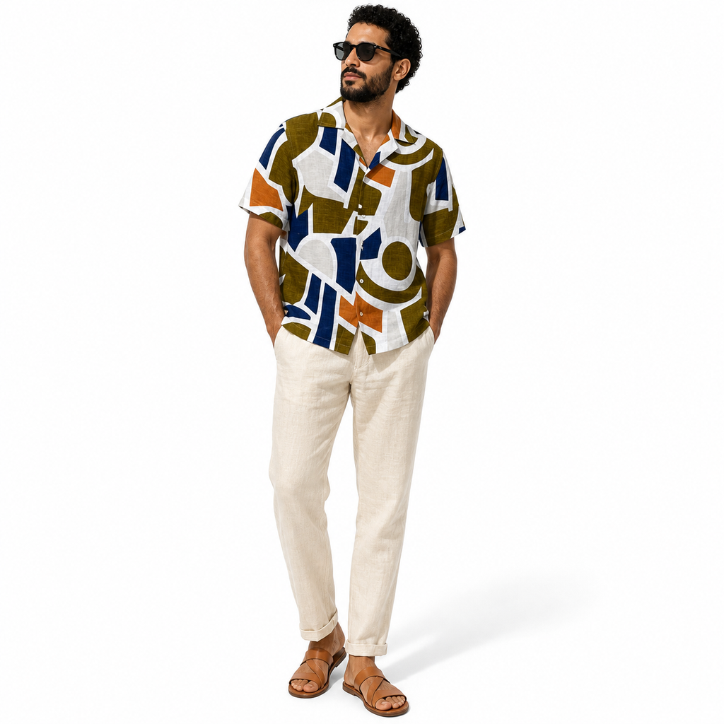 WEELZ Geometric Linen-Blend Hawaii Shirt — White & Olive styled model view