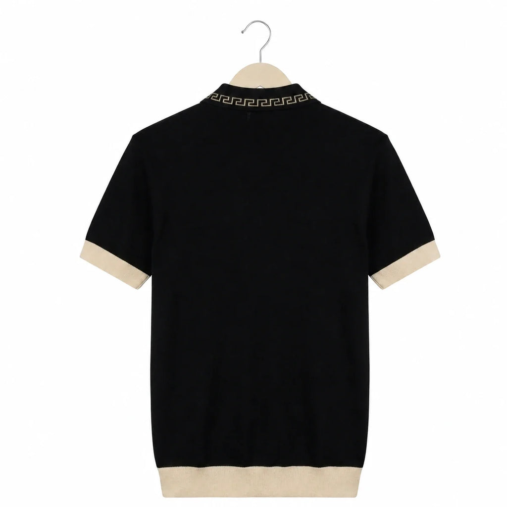 WEELZ Geometric-Collar Zip Knit Polo in Black & Cream — back