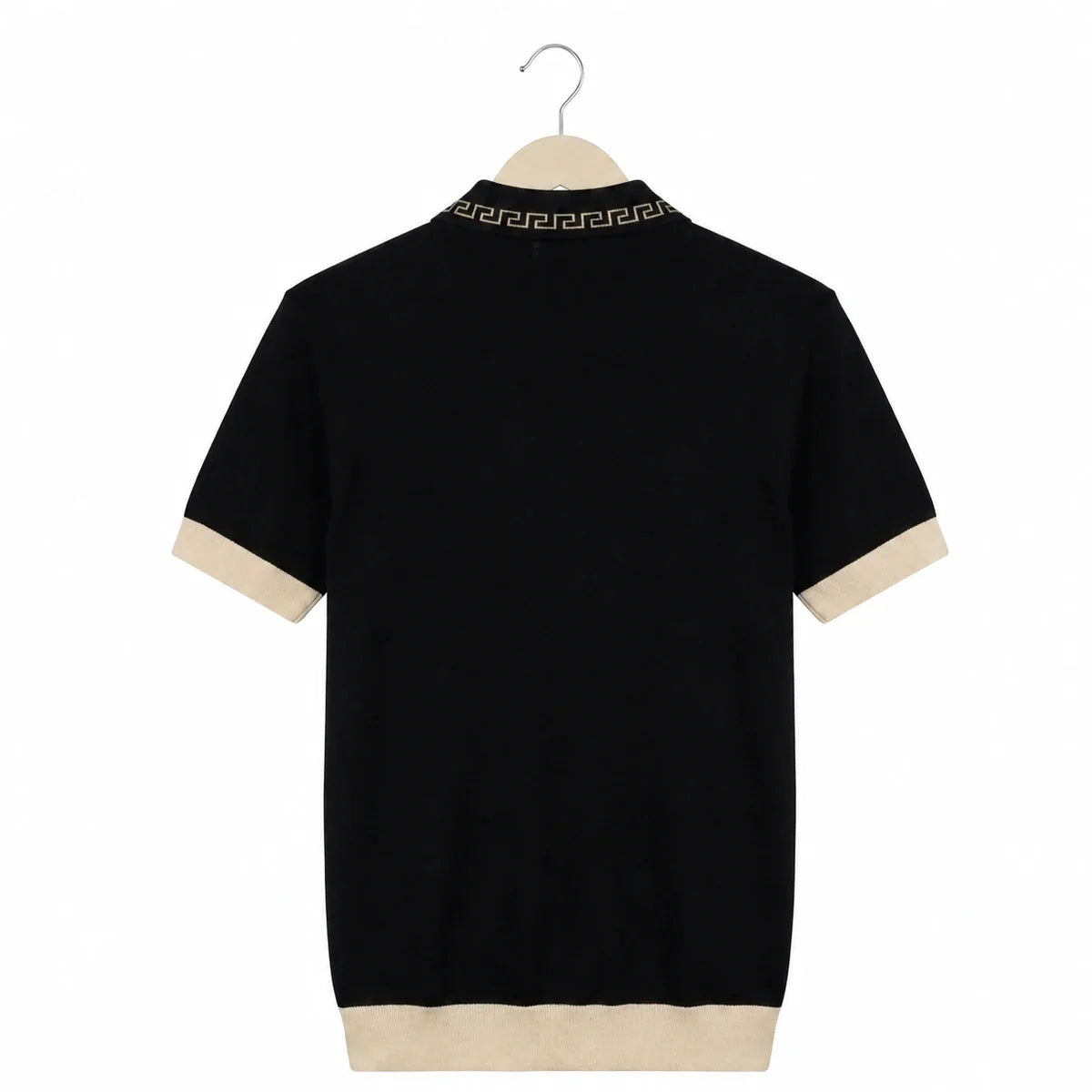 WEELZ Geometric-Collar Zip Knit Polo in Black & Cream — back