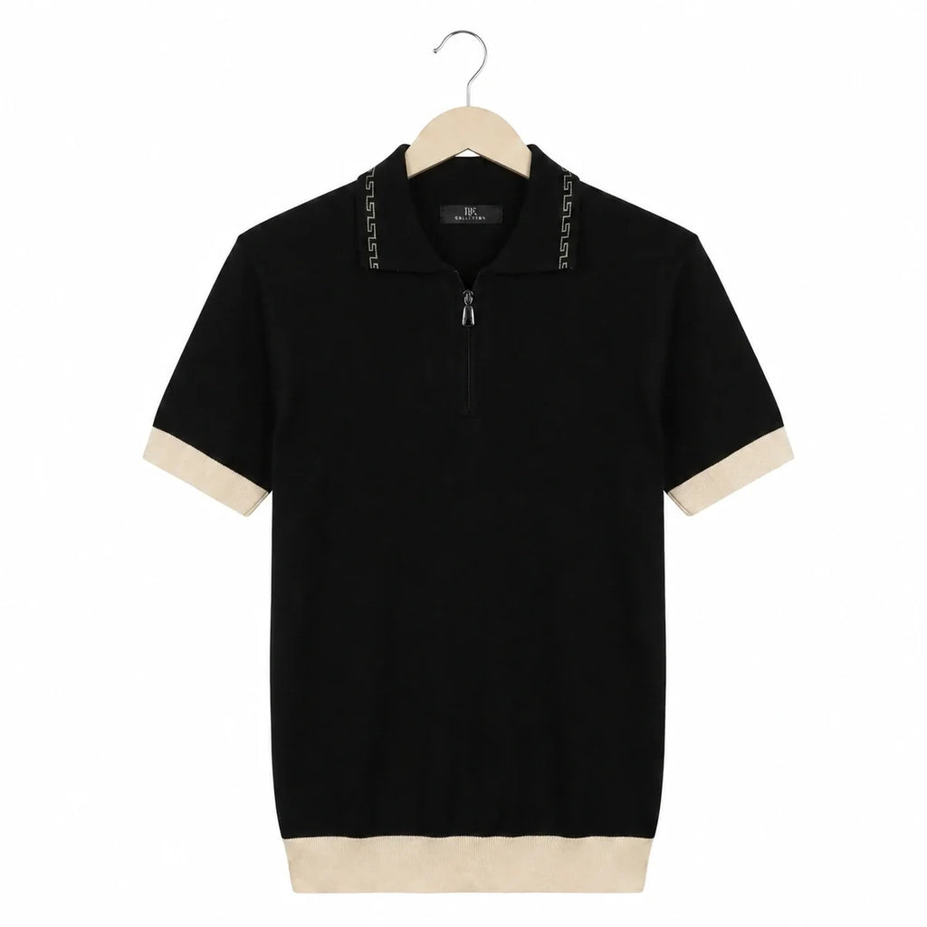 WEELZ Geometric-Collar Zip Knit Polo in Black & Cream — front