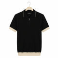 WEELZ Geometric-Collar Zip Knit Polo in Black & Cream — front