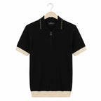 WEELZ Geometric-Collar Zip Knit Polo in Black & Cream — front