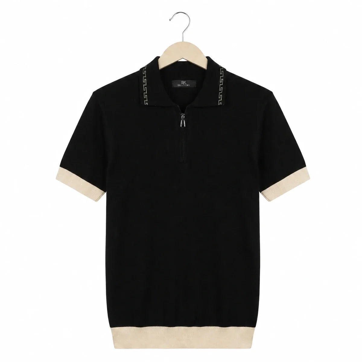 WEELZ Geometric-Collar Zip Knit Polo in Black & Cream — front