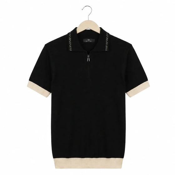 WEELZ Geometric-Collar Zip Knit Polo in Black & Cream — front