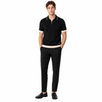 WEELZ Geometric-Collar Zip Knit Polo in Black & Cream — styled with black trousers