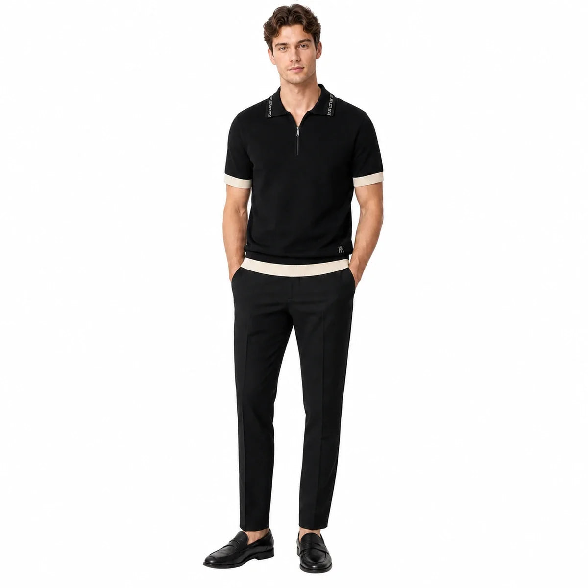 WEELZ Geometric-Collar Zip Knit Polo in Black & Cream — styled with black trousers