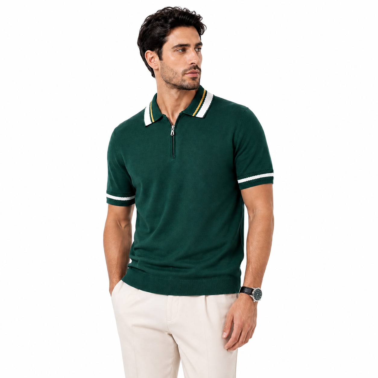 WEELZ Geometric-Trim Zip Knit Polo - Green - view 2