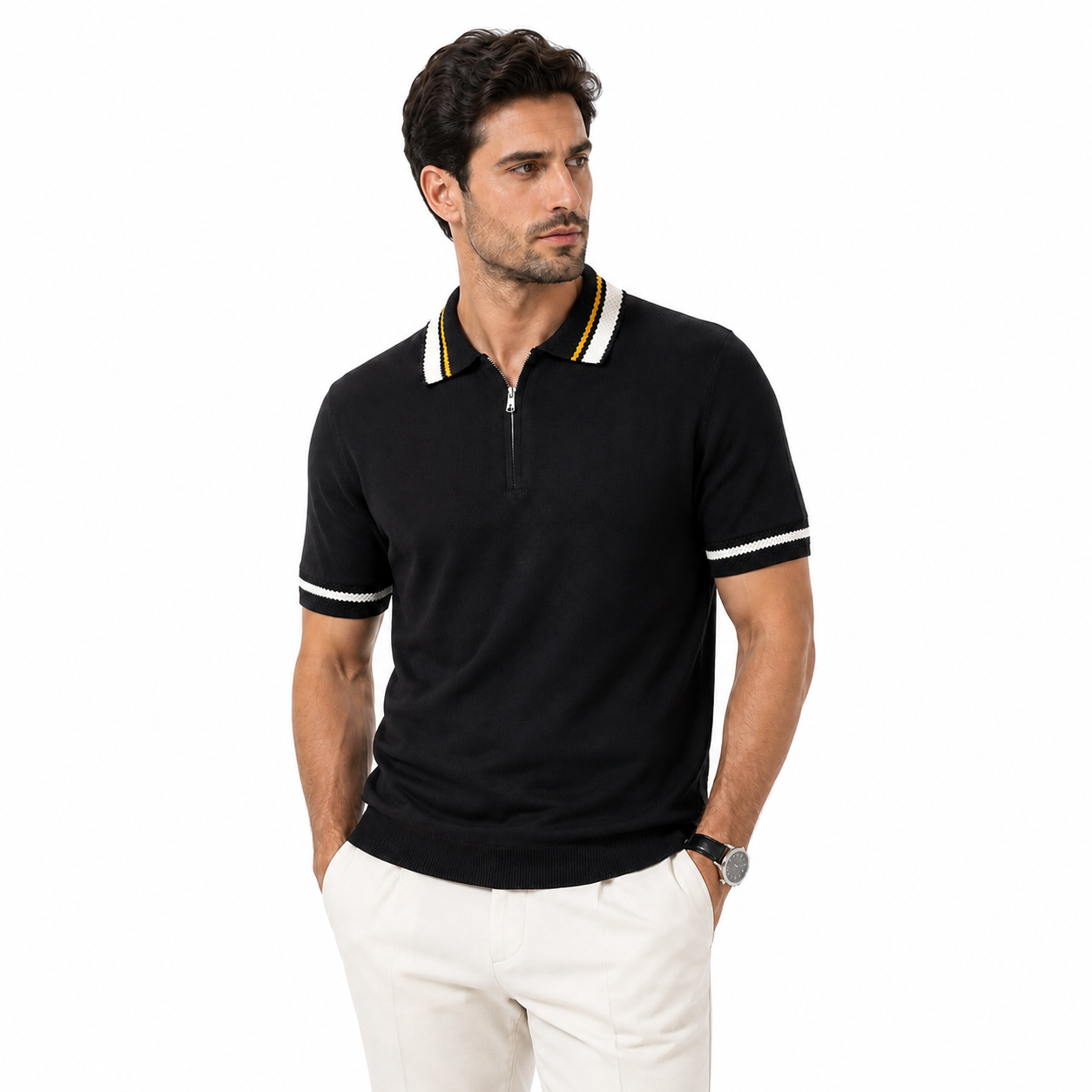 WEELZ Geometric-Trim Zip Knit Polo - Black - view 1