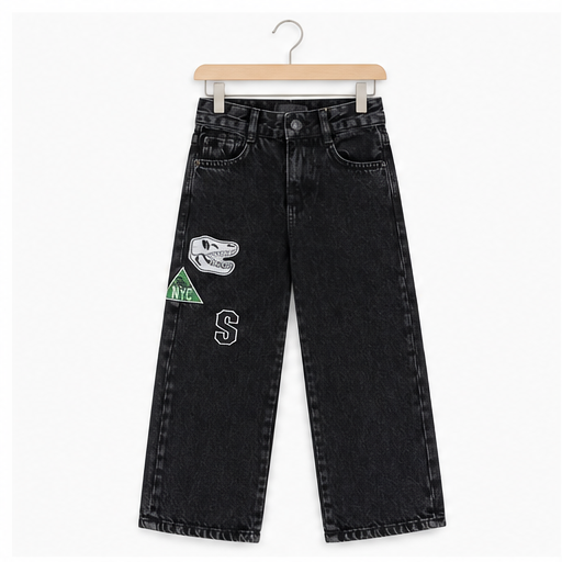 WEELZ Kids Dinosaur Embroidered Wide-Leg Jeans — Black — front on hanger