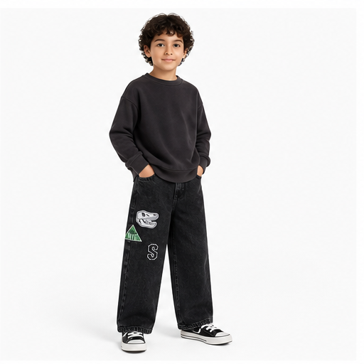 WEELZ Kids Dinosaur Embroidered Wide-Leg Jeans — Black — styled look 1
