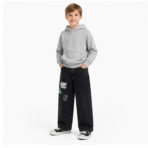 WEELZ Kids Dinosaur Embroidered Wide-Leg Jeans — Black — styled look 2