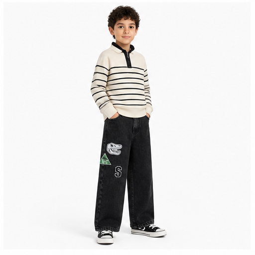 WEELZ Kids Dinosaur Embroidered Wide-Leg Jeans — Black — styled look 3